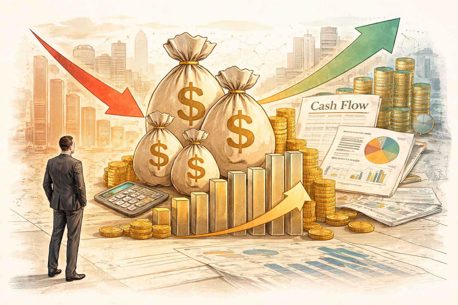 Editorial illustration depicting companies prioritizing cash flow stability over rapid growth, highlighting financial discipline and cautious strategic decision-making