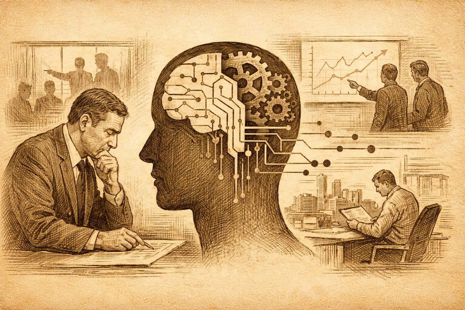 Editorial illustration showing how artificial intelligence is reshaping management roles, decision-making processes, and leadership structures within modern organizations