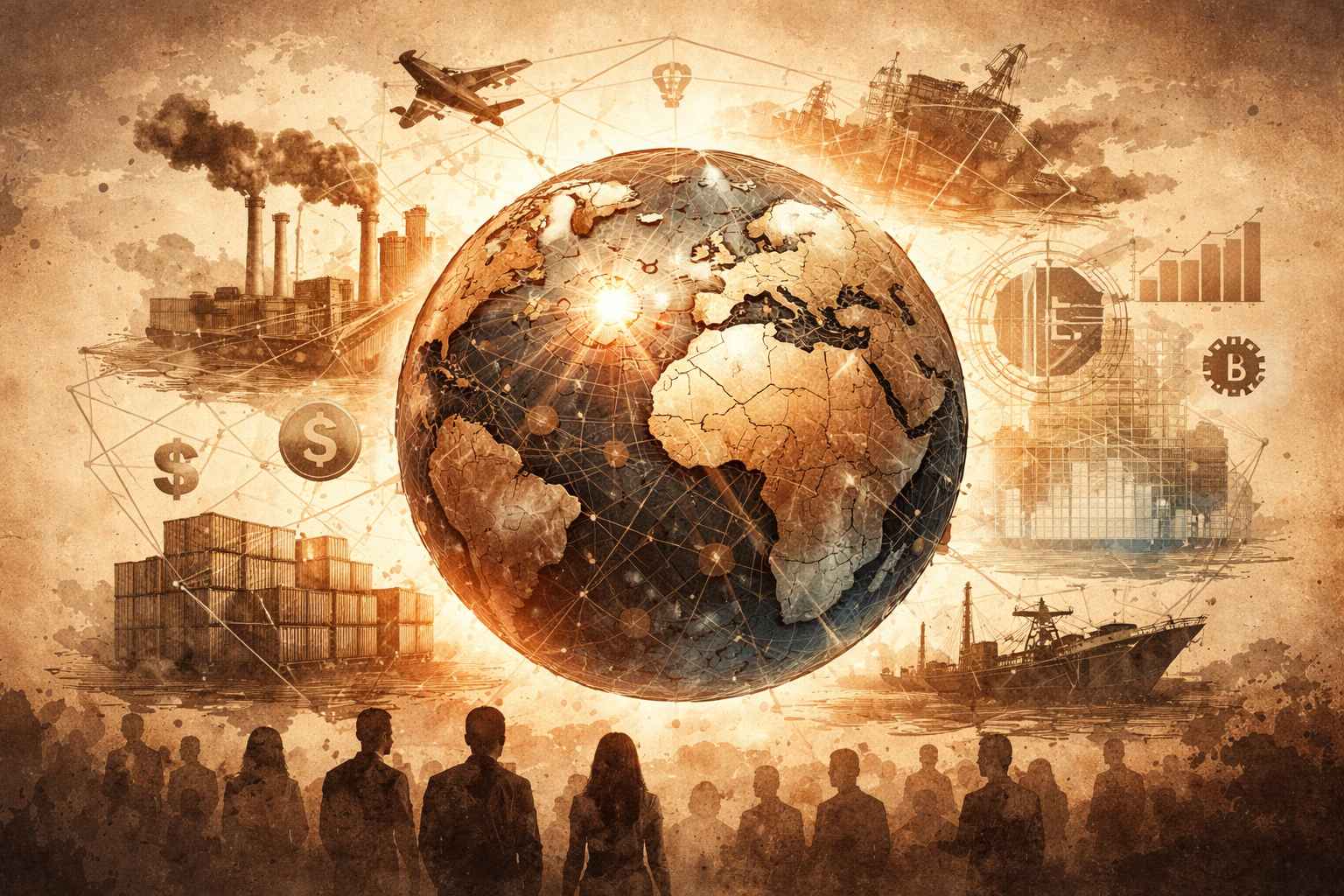 Editorial illustration depicting rising global uncertainty driven by economic pressures, power shifts, technology competition, and security challenges