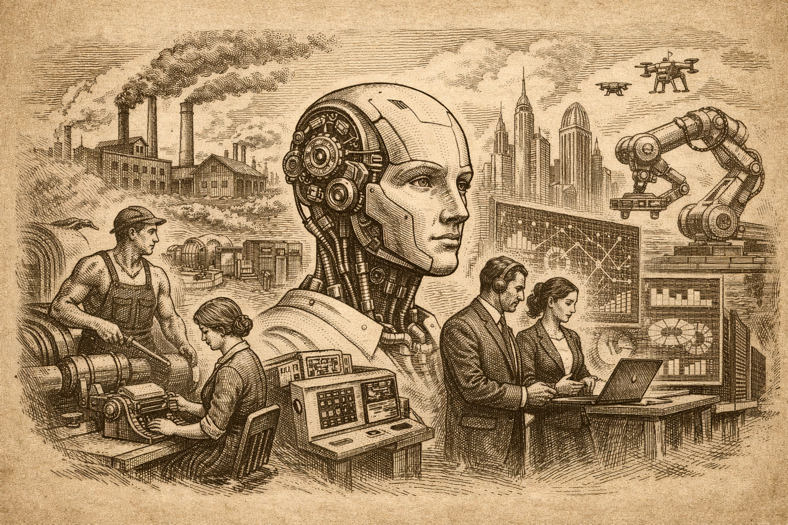 Sepia-toned engraved editorial illustration showing artificial intelligence reshaping jobs across industrial revolutions, symbolizing disruption, adaptation, and the future of work