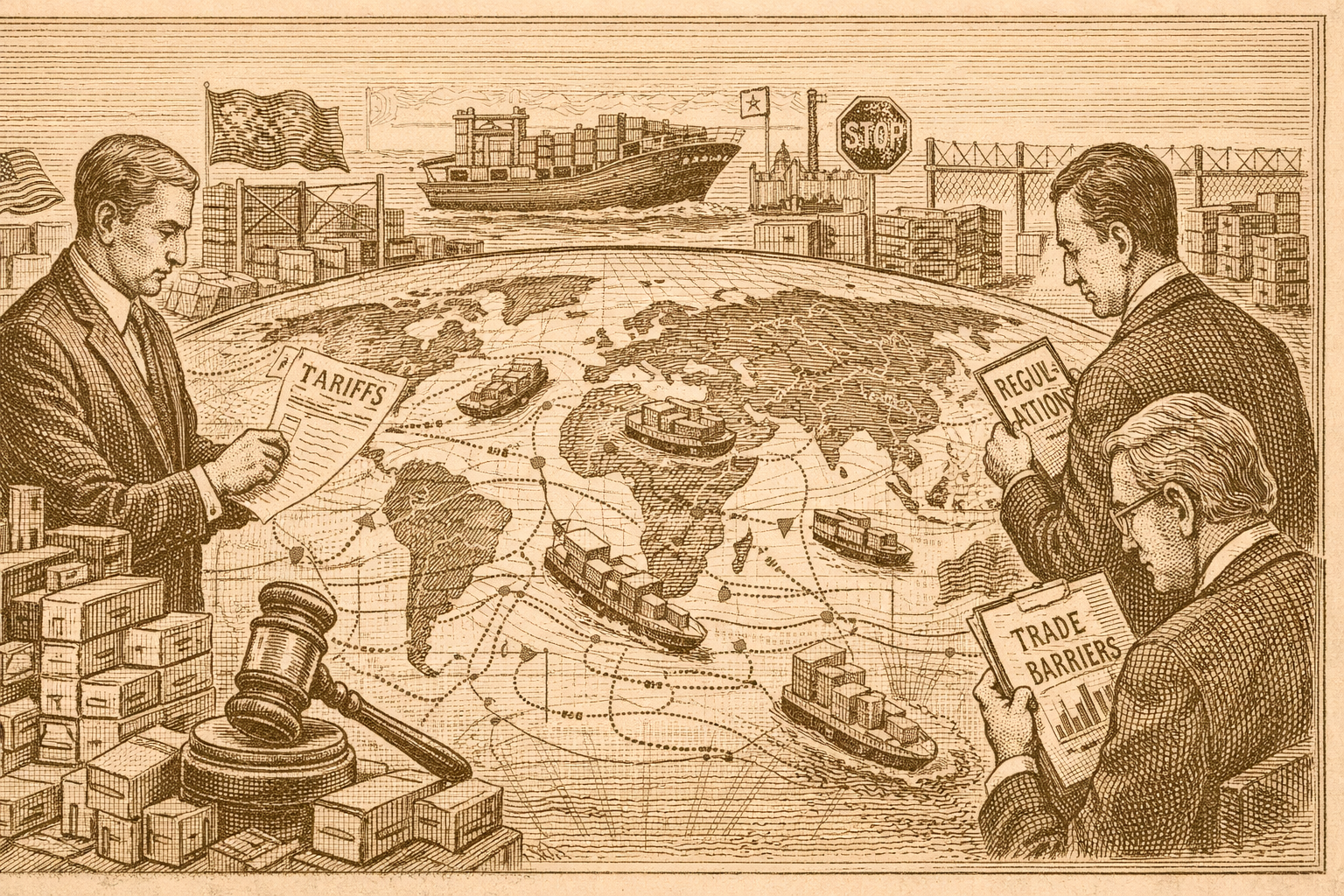 Sepia-toned engraved illustration showing global trade routes, cargo ships, and policymakers examining trade barriers, symbolizing the shift from free trade toward economic nationalism.
