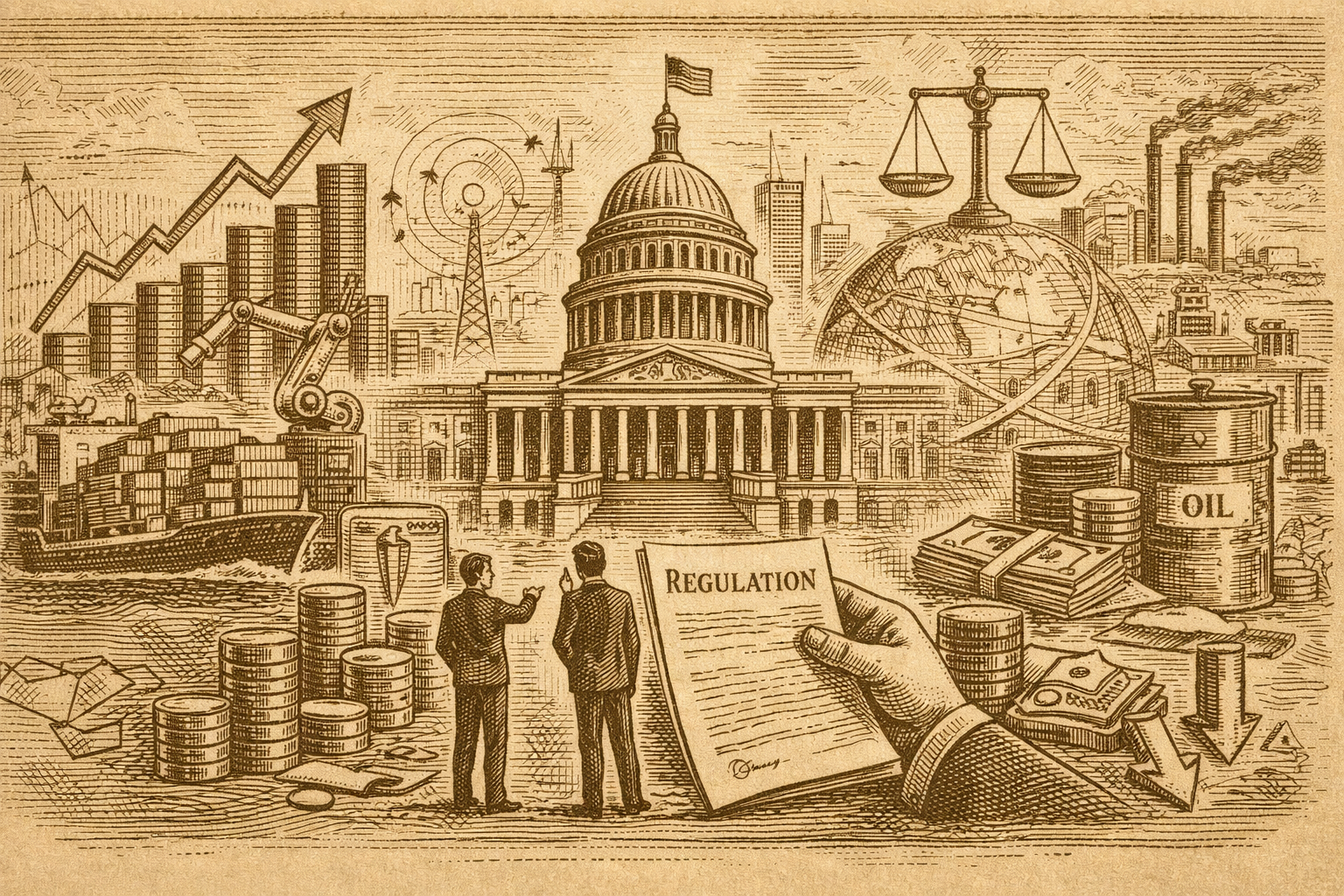 Sepia-toned engraved illustration of a government building, industry, and financial symbols, representing the growing re-regulation of markets and increased state intervention in economic activity.