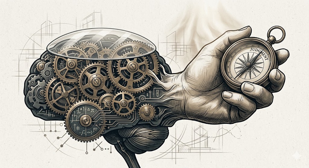 Editorial illustration depicting the transition from AI algorithmic processing to human leadership judgment.