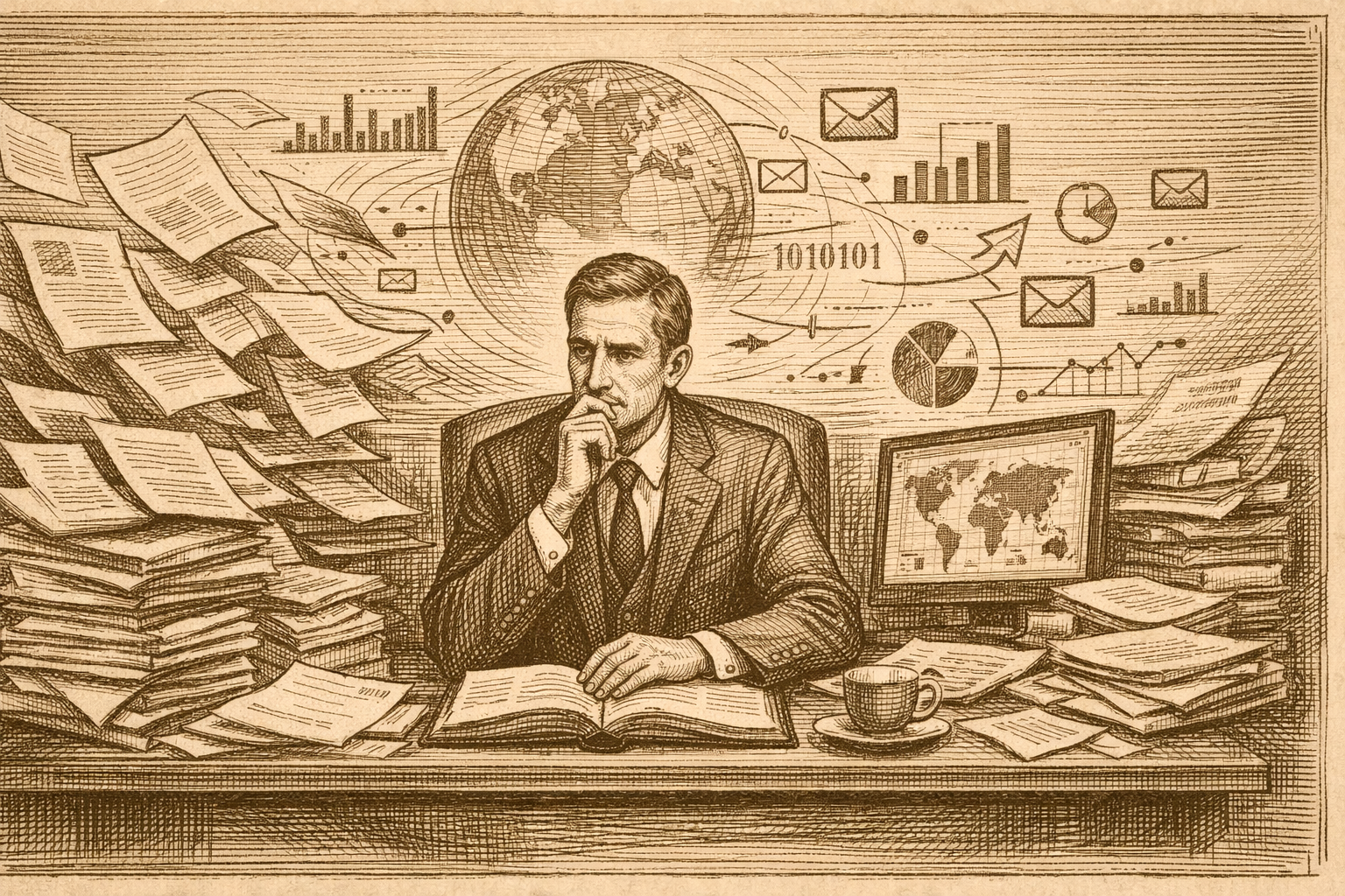 Sepia-toned engraved illustration of a leader surrounded by streams of information while making complex decisions.