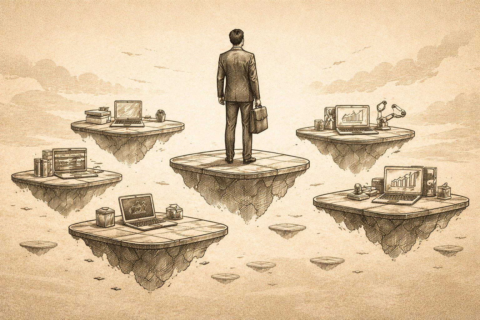 Sepia-toned editorial illustration of a professional standing on multiple shifting platforms, representing fragmented job security and the rise of flexible work in a changing employment landscape.
