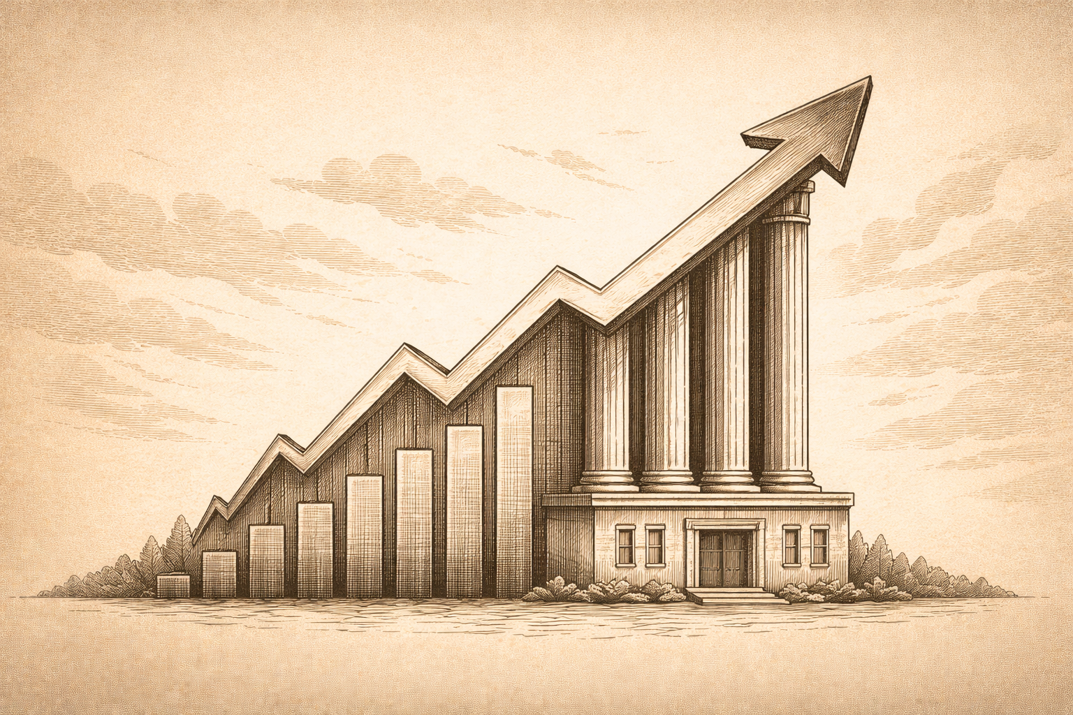 Sepia-toned editorial illustration of a rising growth graph transforming into a stable structure, symbolizing the shift from rapid expansion to sustainable business success.