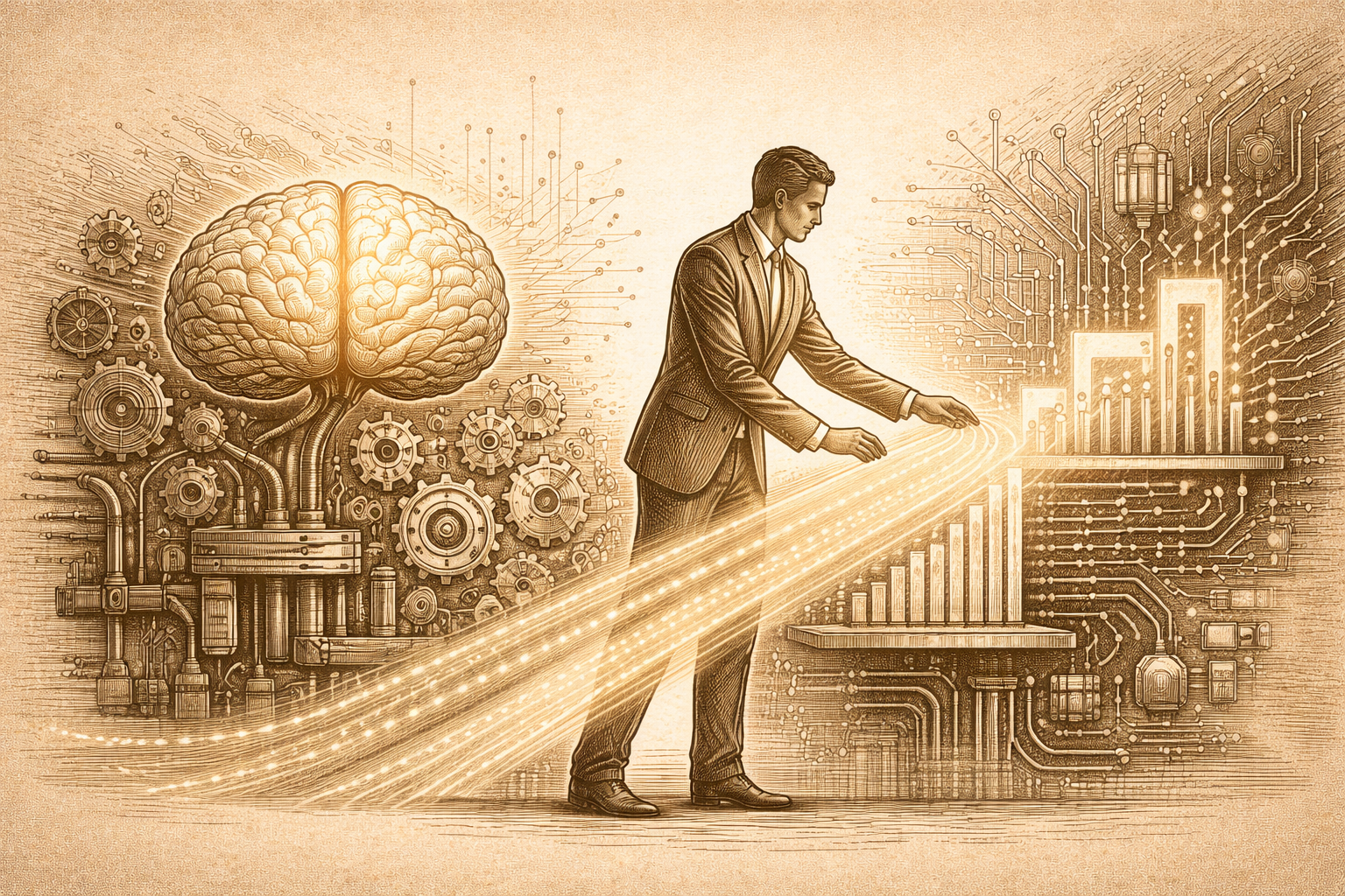 The Reskilling Imperative: Why Human Capability Is Becoming the Ultimate Advantage Sepia-toned editorial illustration of a human figure guiding machine elements and data, symbolizing the growing importance of human capability and reskilling in an AI-driven world.