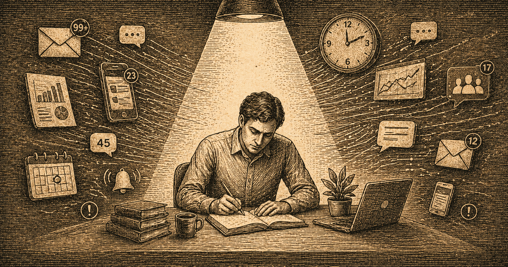 The Attention Economy Trap: Why Focus Is Becoming the Scarcest Leadership Skill Sepia-toned editorial illustration of a professional surrounded by distractions with a focused beam on a single task, symbolizing attention fragmentation and the importance of focus in modern work.