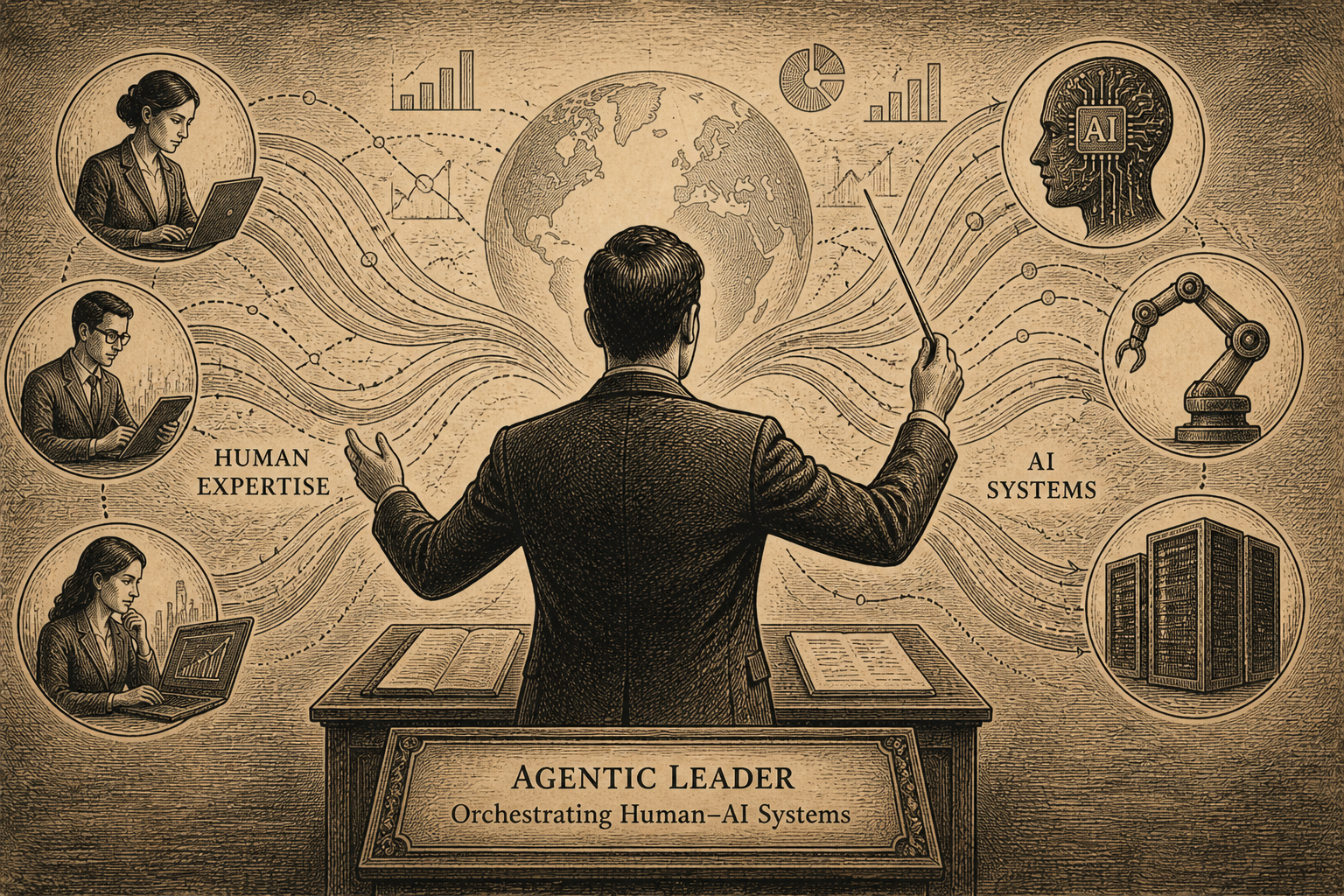 Human AI Leadership: Why the Agentic Leader Matters in a Volatile World Decision-making Agentic Leader, orchestrating data and AI systems, symbolizing human leadership in managing intelligent digital systems.