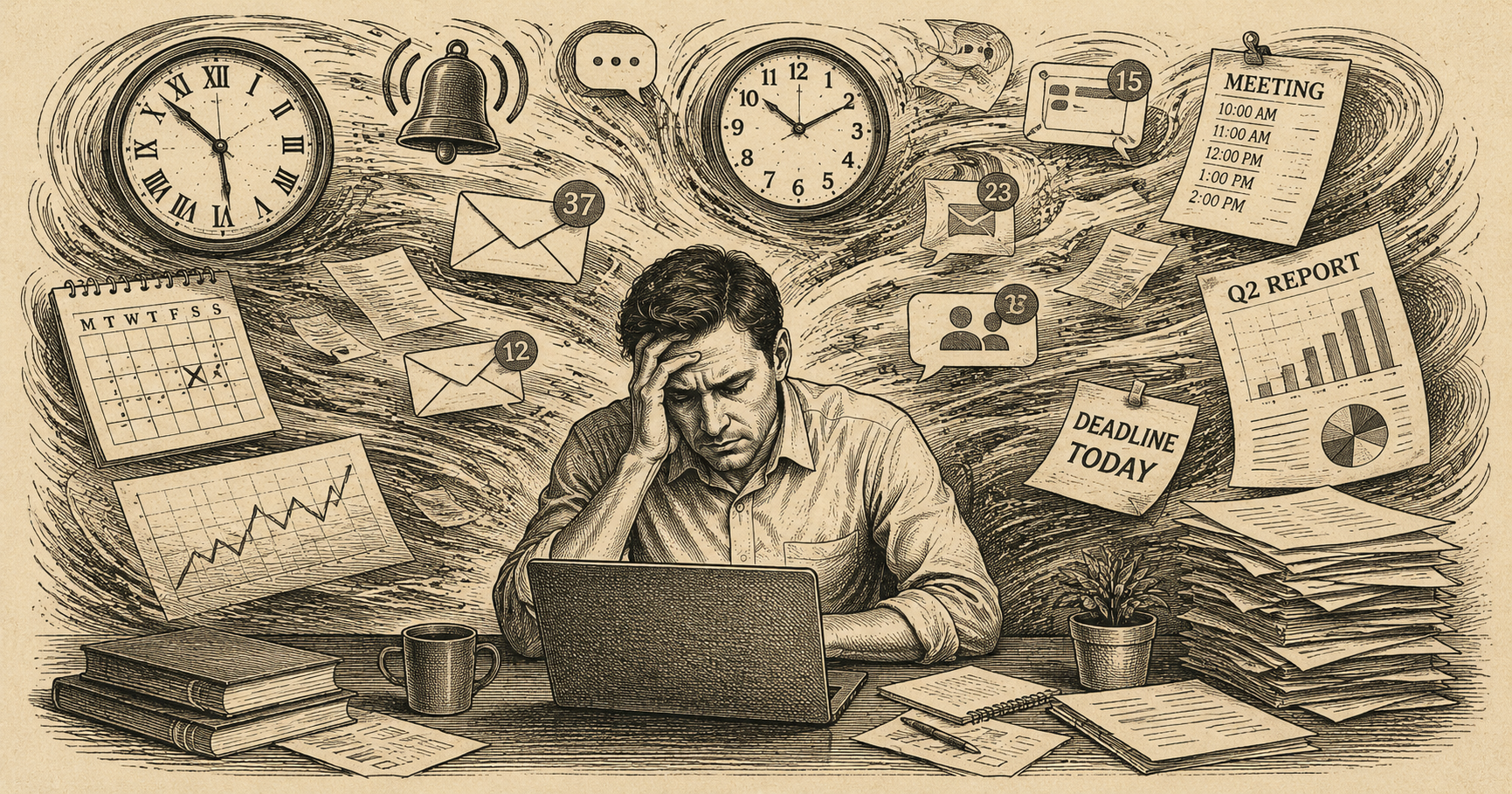 Why the Silent Productivity Crisis Is Reshaping Modern Work environment Sepia-toned editorial illustration of an overwhelmed professional surrounded by clocks, notifications, meetings, and digital distractions, symbolizing the silent productivity crisis and cognitive overload in modern workplaces.